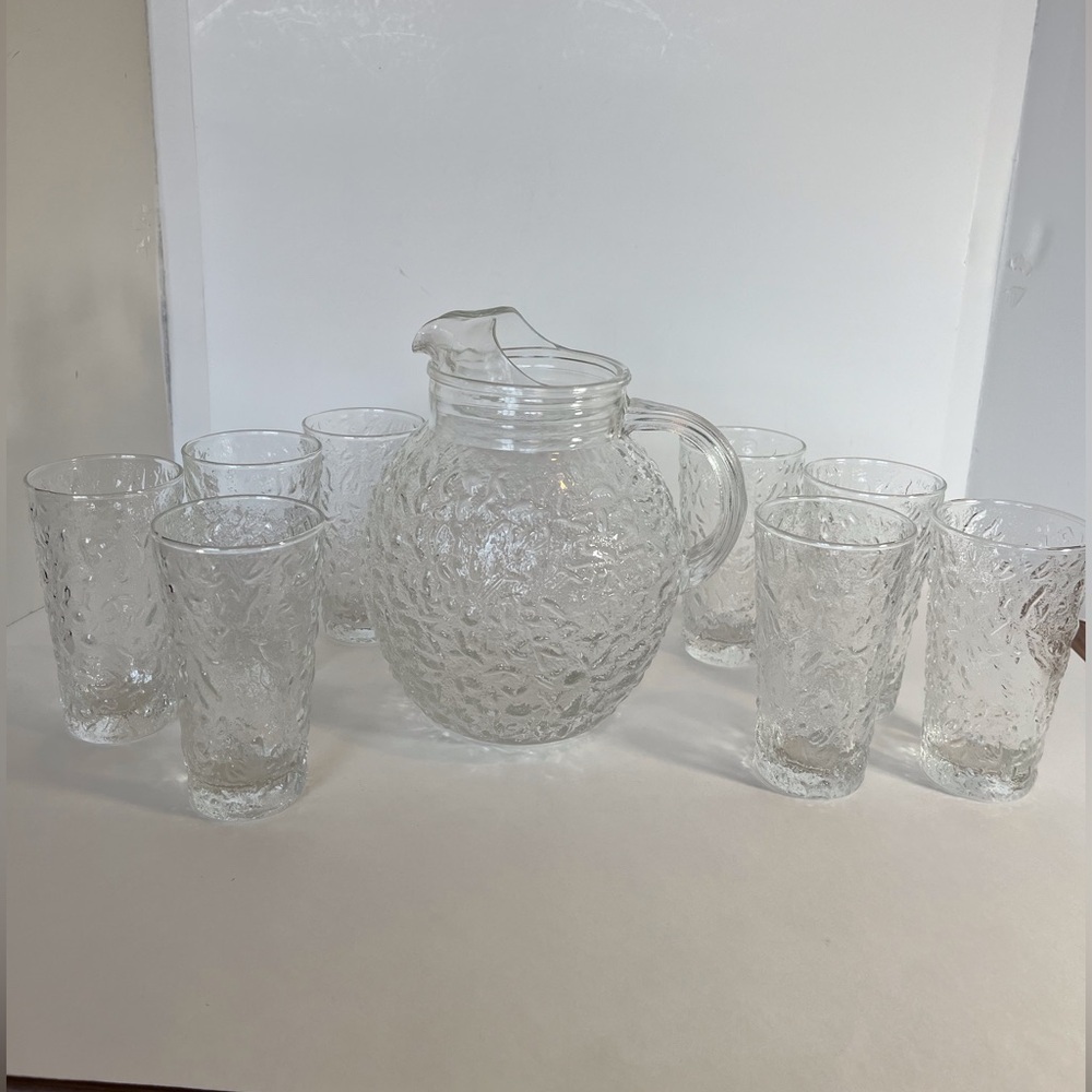 Vintage Anchor Hocking Lido Milano Glass Crystal Clear Ball Pitcher w 8 glasses